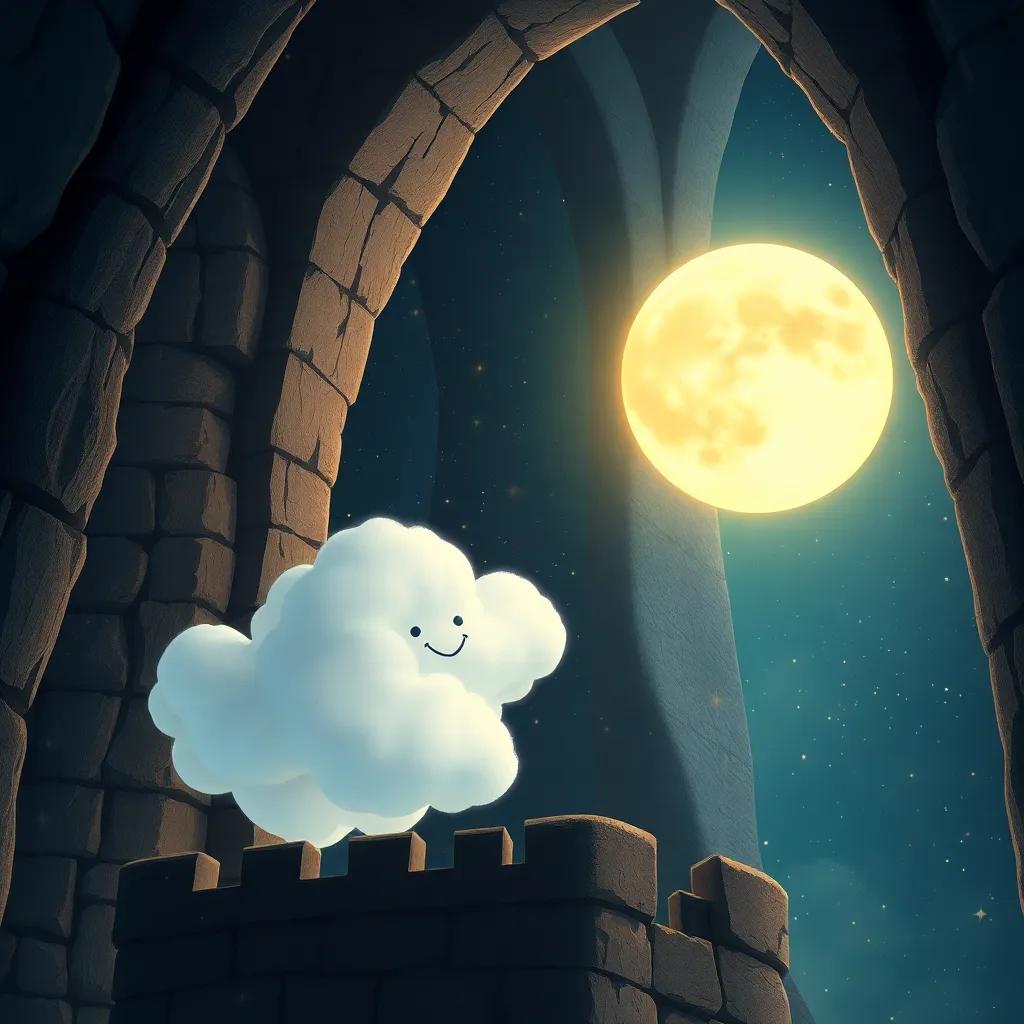 Luna y Nube, una nube divertida, sonriendo y flotando juntas dentro del castillo, con paredes llenas de estrellas. Un ambiente acogedor, cálido y cartón, ilustración, detalle encantador, atmosfera mágica, calidad alta.