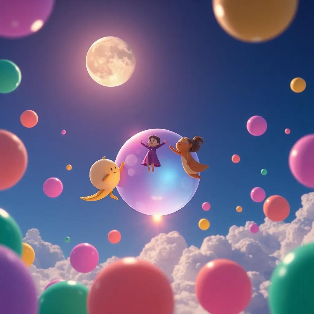 Luna, Nube y Globo, un globo colorido, volando juntos en el cielo, rodeados de colores brillantes de globos y un arcoíris. Sensación de libertad y aventura, arte digital, vibrante, perspectiva alegre, calidad alta.