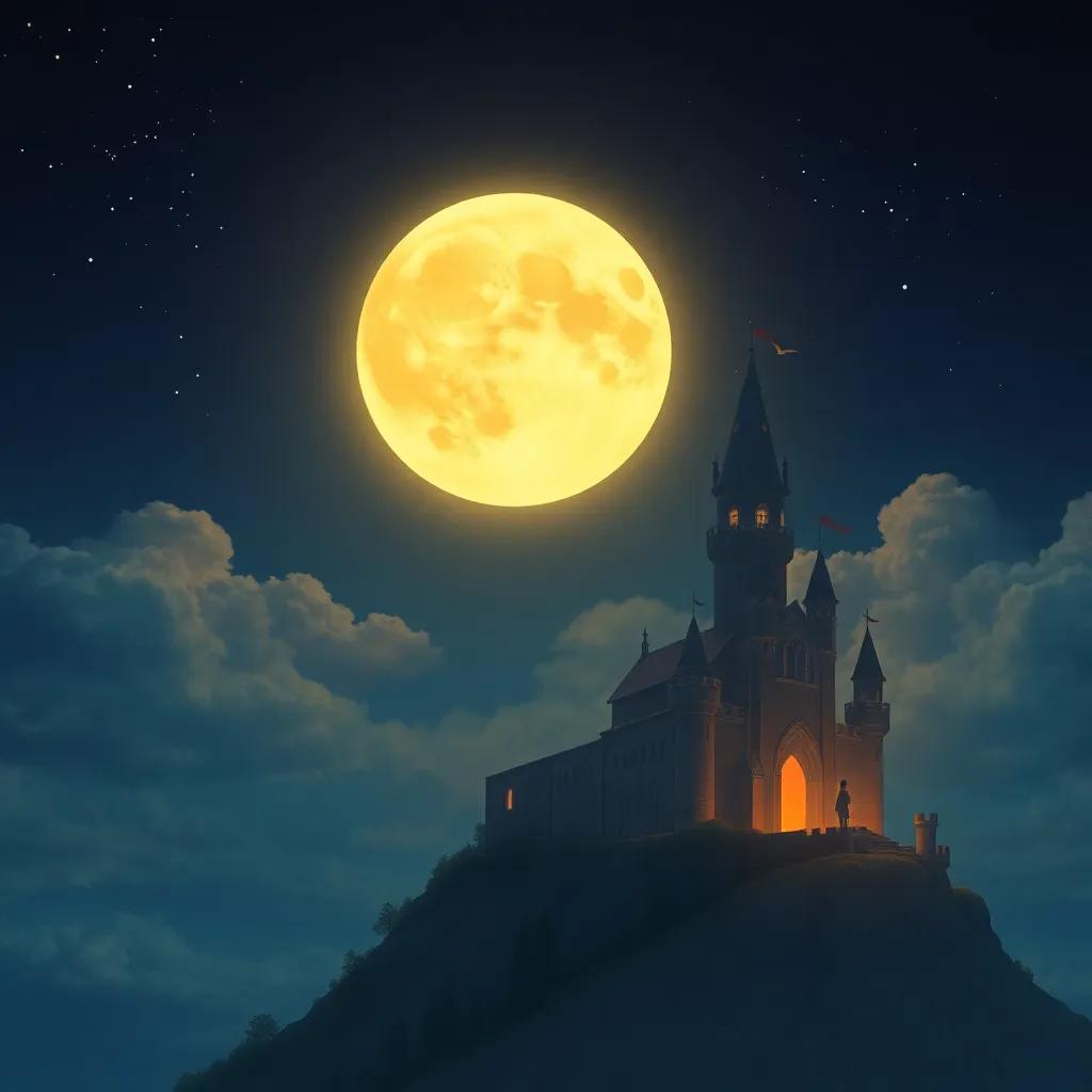 Luna mirando la luna llena que brilla en el cielo nocturno, con el castillo de la luna iluminado por su luz. Un ambiente mágico y calido, ilustración, colores suaves, salir de un cuento de hadas, calidad alta.