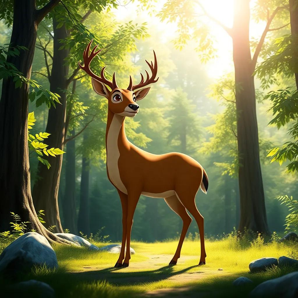 A strong brown deer named Diego standing in a lush green forest during the day, bright sunlight filtering through the trees, detailed digital art, vibrant colors, peaceful atmosphere, high quality