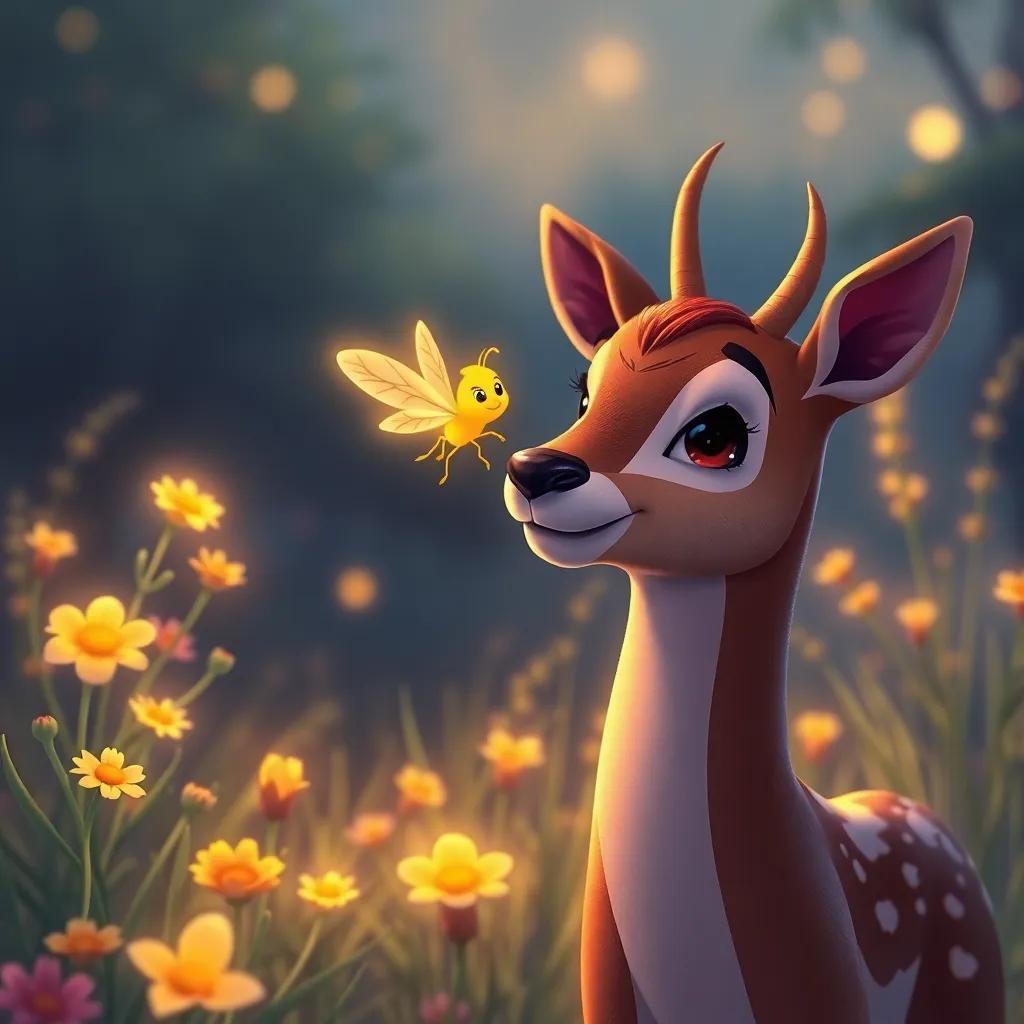 Lía the firefly glowing softly, flying close to Diego the deer, amidst flowers and tall grass, warm glow illuminating their faces, illustration, cheerful, child-friendly, high quality