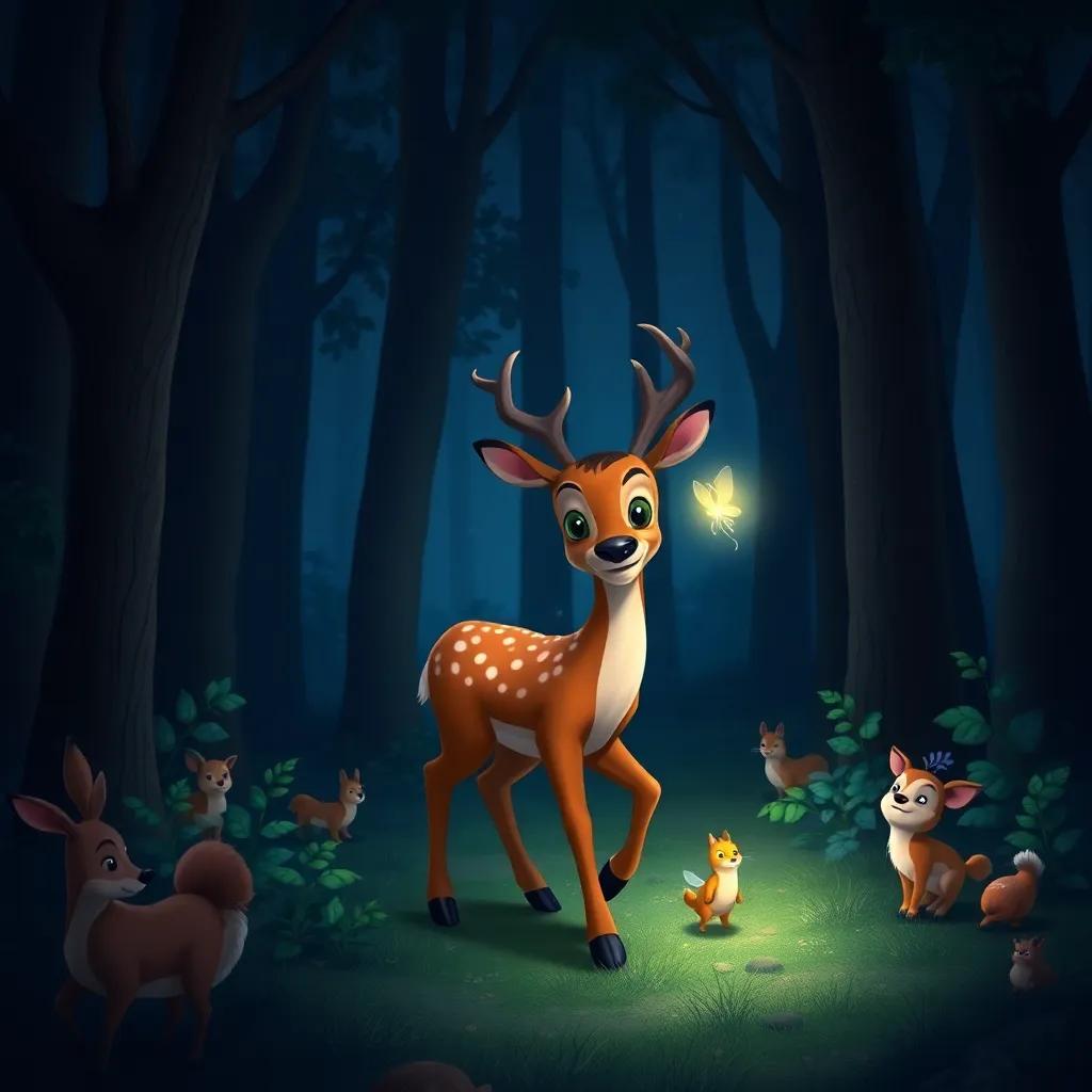 Diego the deer looking brave as he walks in the dark forest with Lía the firefly lighting up the path, surrounded by curious woodland animals, cozy night scene, magical feel, high quality