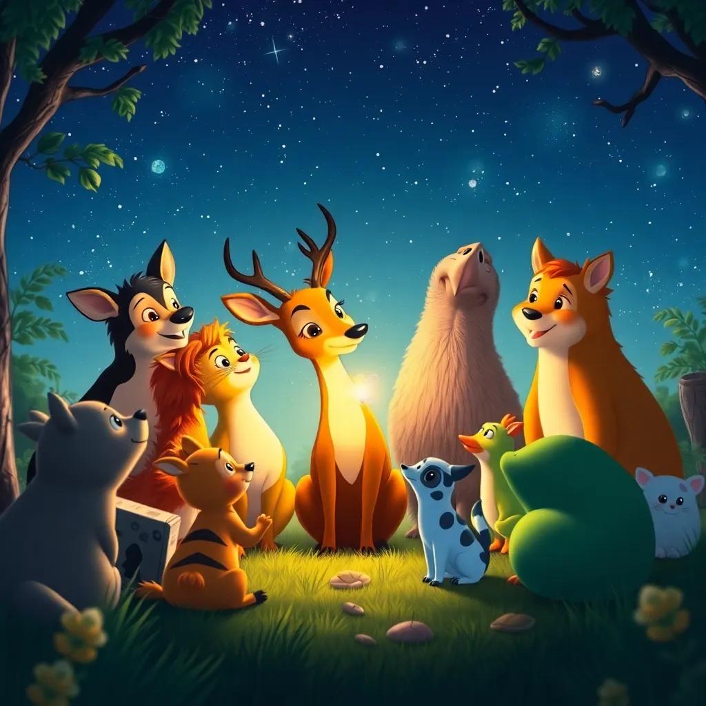 A group of woodland animals gathering around Diego the deer and Lía the firefly, all smiling and sharing stories under the starlit sky, warm light, heartwarming vibe, high quality