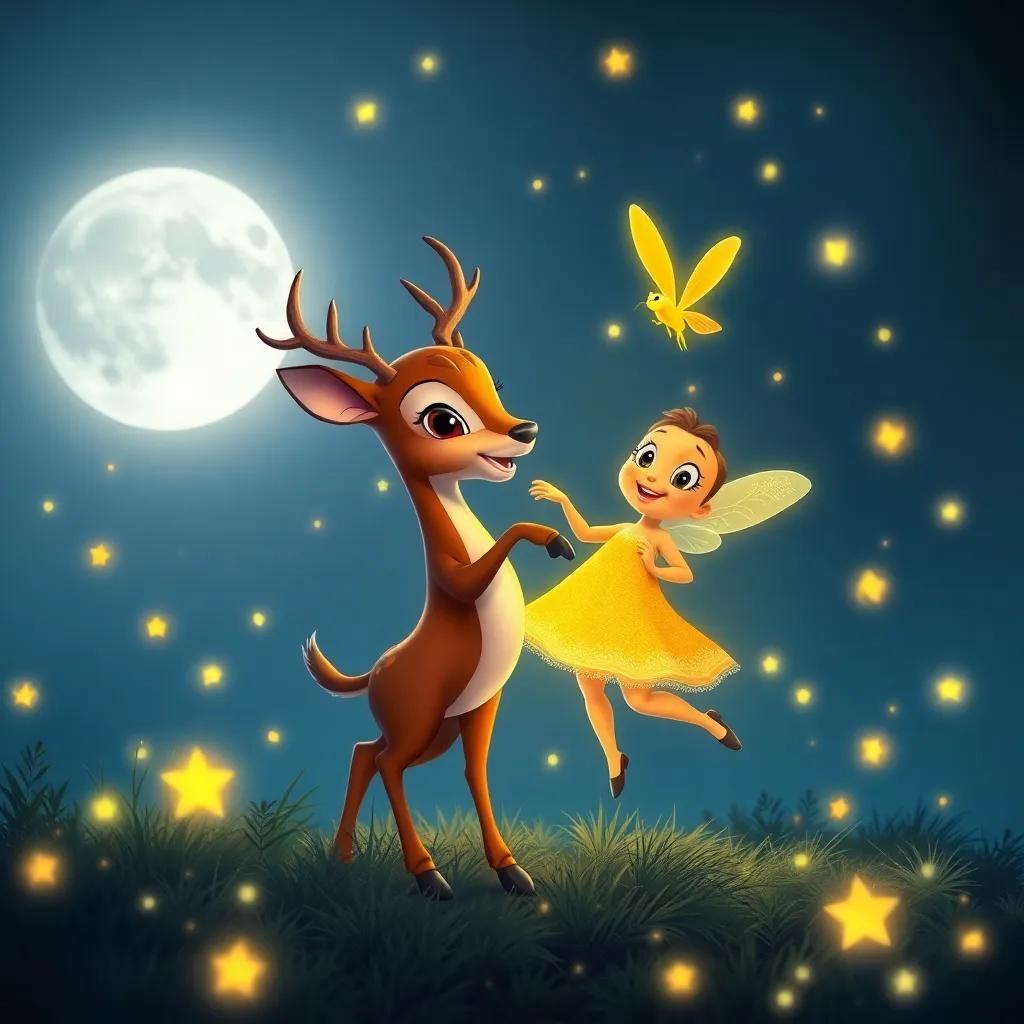 Diego the deer and Lía the firefly playfully dancing in the moonlight, surrounded by glimmering fireflies, showcasing friendship and joy, enchanting night scene, colorful, high quality