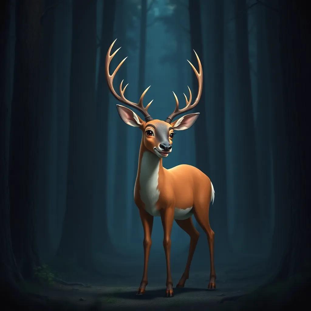A majestic deer named Dario with shining antlers and a gentle expression, standing in a dark forest surrounded by tall trees and soft shadows, digital painting, serene atmosphere, cool colors, grounded perspective, high detail, enchanting light, model version