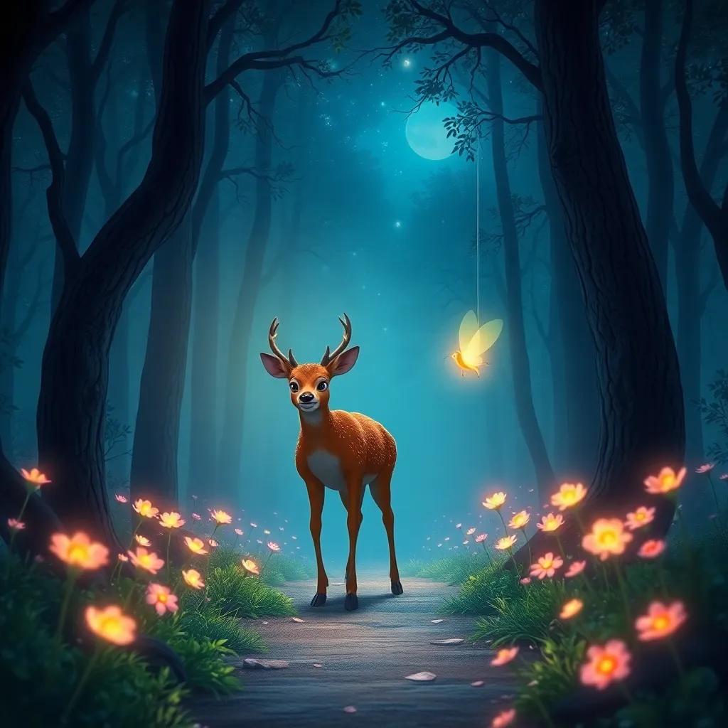 Dario the deer walking through the forest at night, with Lina the firefly lighting up the path ahead, surrounded by glowing flowers that bloom under the night sky, enchanting digital art, mystical atmosphere, rich colors, detailed perspective, model version