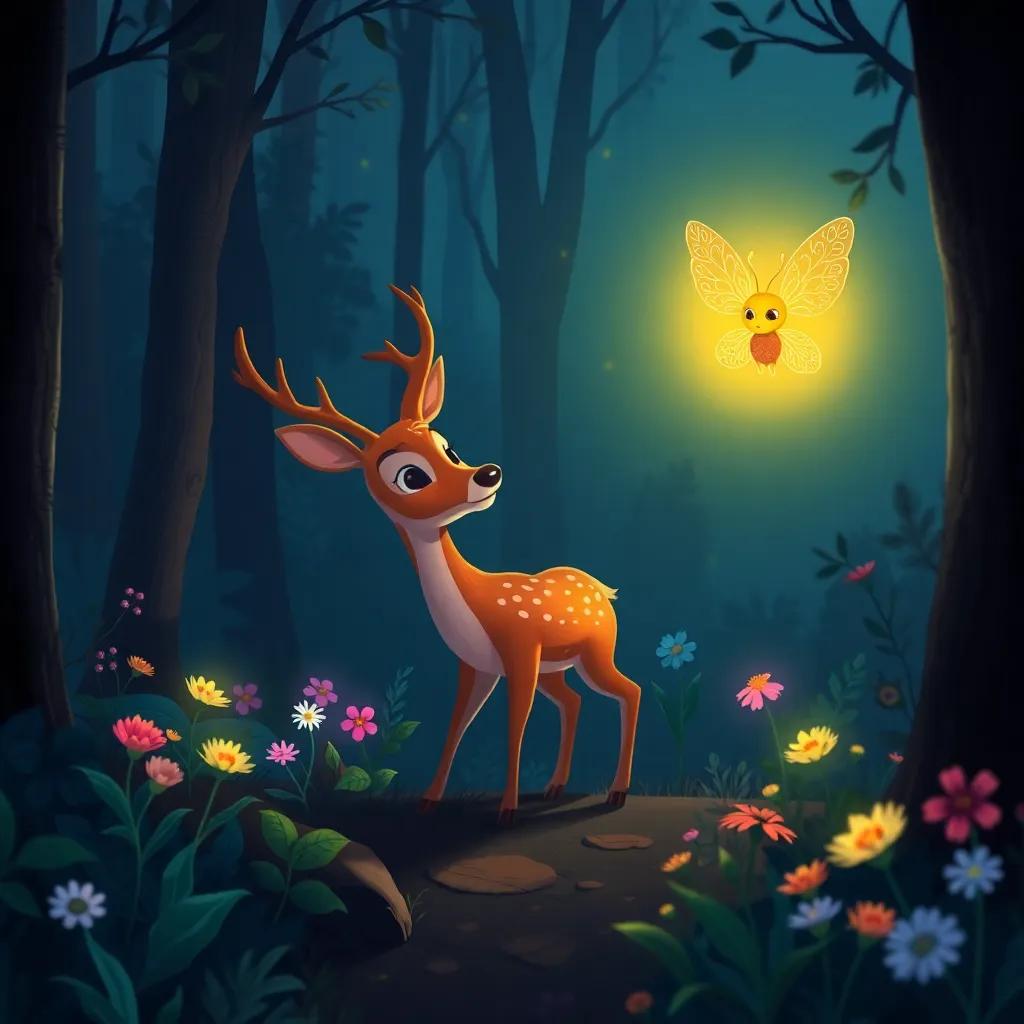 Dario the deer exploring the forest in the glow of Lina the firefly, revealing beautiful plants and flowers hidden in the shadows, conveying a sense of beauty in darkness, vibrant illustration, bright colors, inviting perspective, child-friendly, model version