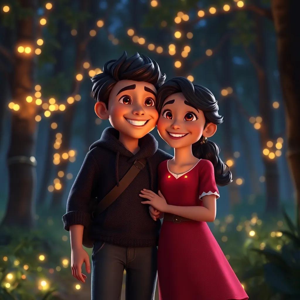 Dario and Lina happily together, with Dario looking confident and joyful as they explore the night, the forest filled with soft lights and illuminated trees around them, heartwarming scene, warm and inviting colors, engaging perspective, magical atmosphere, model version