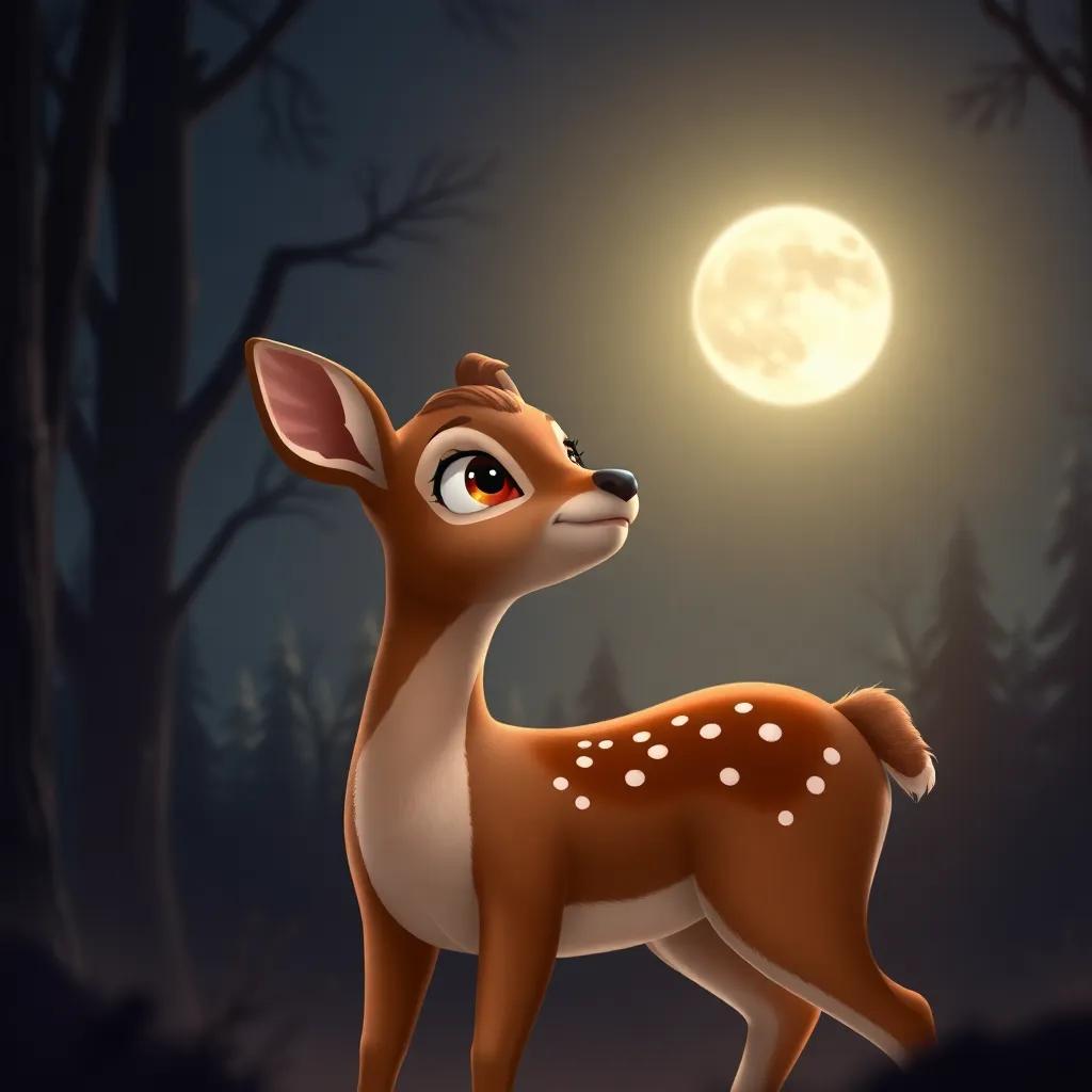 A young deer named Luno, with soft brown fur and bright eyes, standing in a dark forest looking up at a bright silver moon, digital art, gentle night scene, warm hues, serene atmosphere, high quality