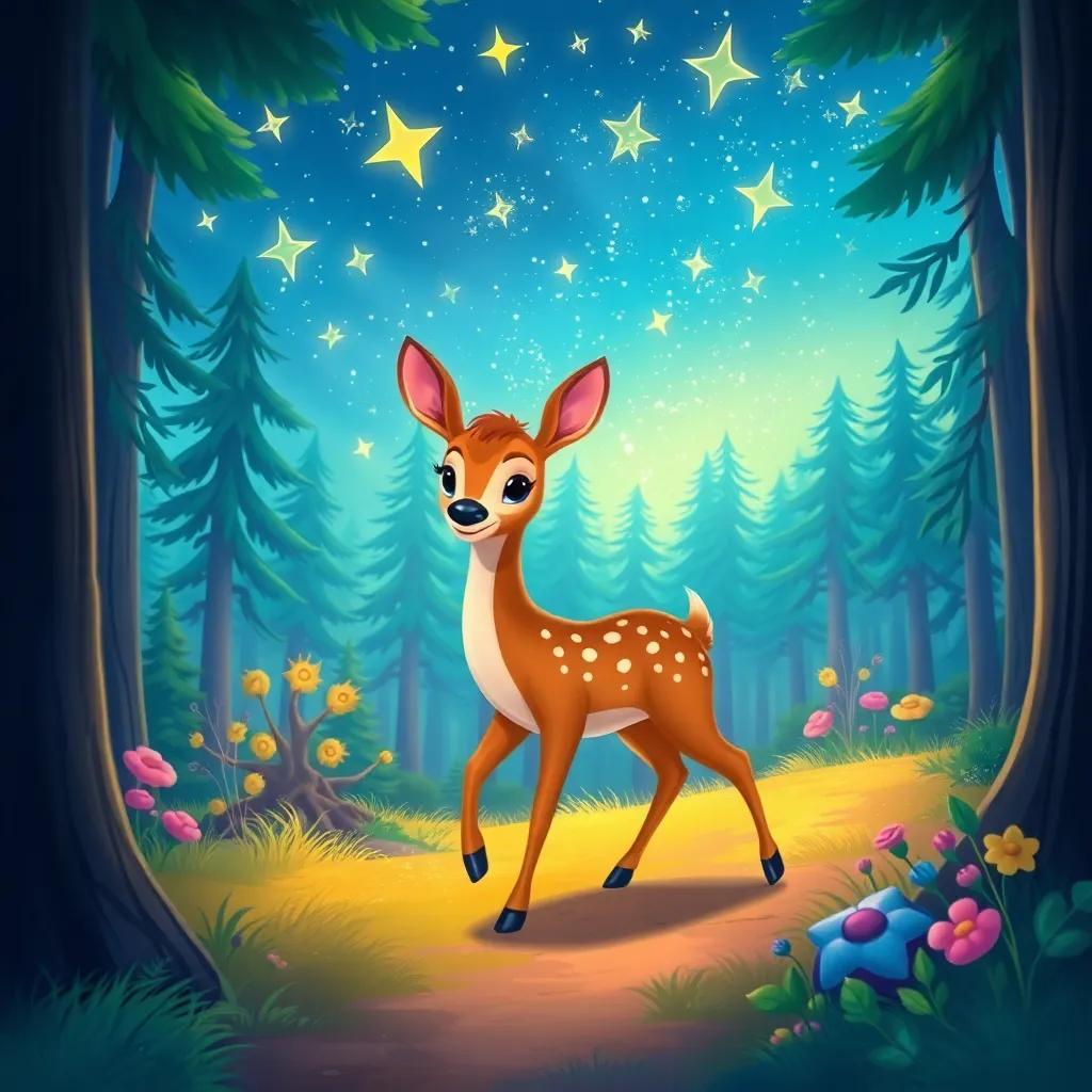 Luno, the young deer, walking through a beautiful forest with twinkling stars in the sky, vibrant, colorful scene, whimsical and enchanting, child-friendly illustration