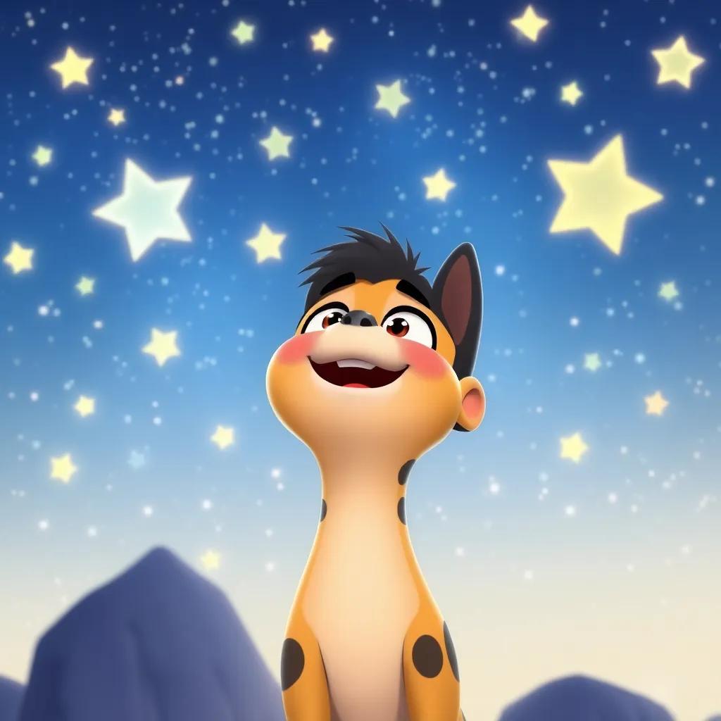 Luno, looking up at a sky full of bright stars, smiling and calling out, animated, cheerful style, bright colors, engaging and friendly, high quality