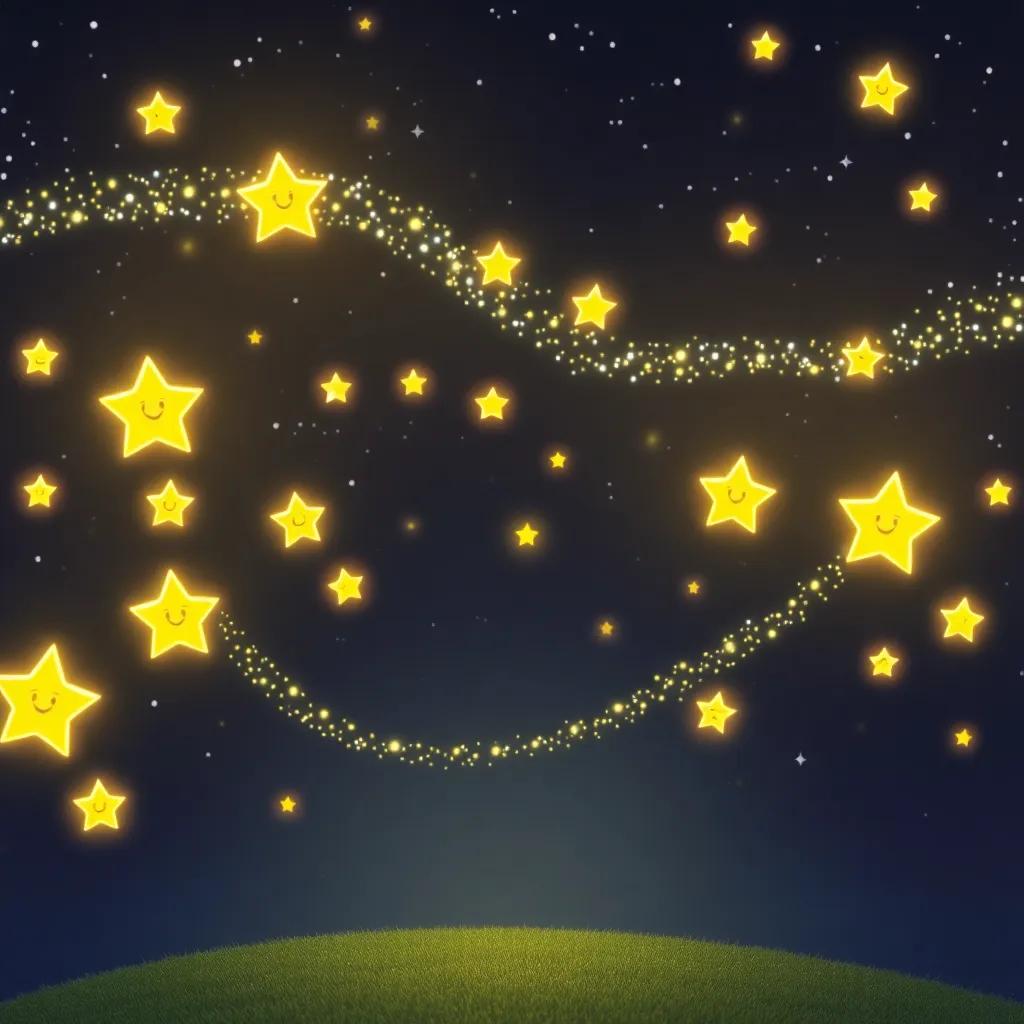 The stars smiling down at Luno, bright and glittering, forming a shimmering line in the night sky, magical scene, lively colors, cute and inviting, high quality