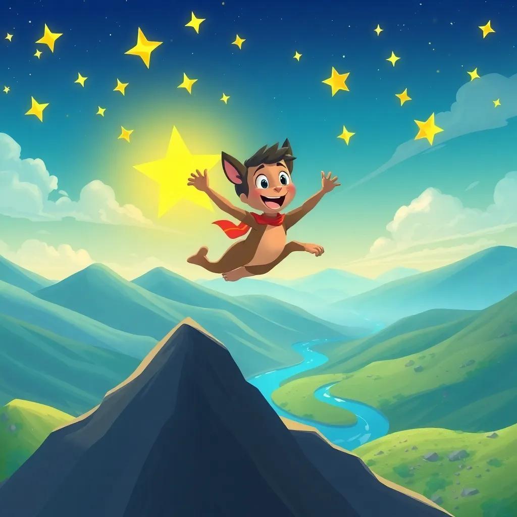 Luno leaping over hills and rivers, guided by dancing stars above, joyful and adventurous scene, dynamic colors, cheerful illustration, high quality