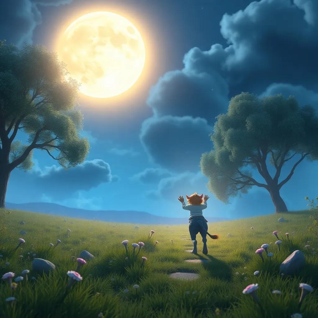 Luno reaching a moonlit clearing with the moon shining brightly, a magical moment, dreamy atmosphere, soft colors, enchanting art, high quality
