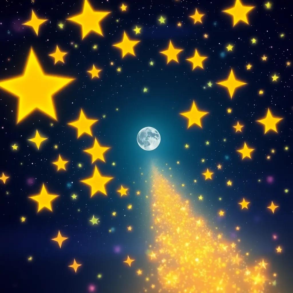 Stars uniting their lights in a beautiful pattern, creating a glowing path towards the moon, vibrant colors, inviting and magical scene, high quality