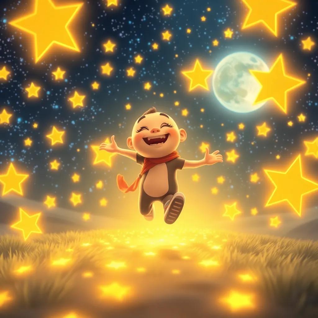 Luno running joyously on the path of light made by the stars, filled with happiness, exciting atmosphere, bright design, high quality