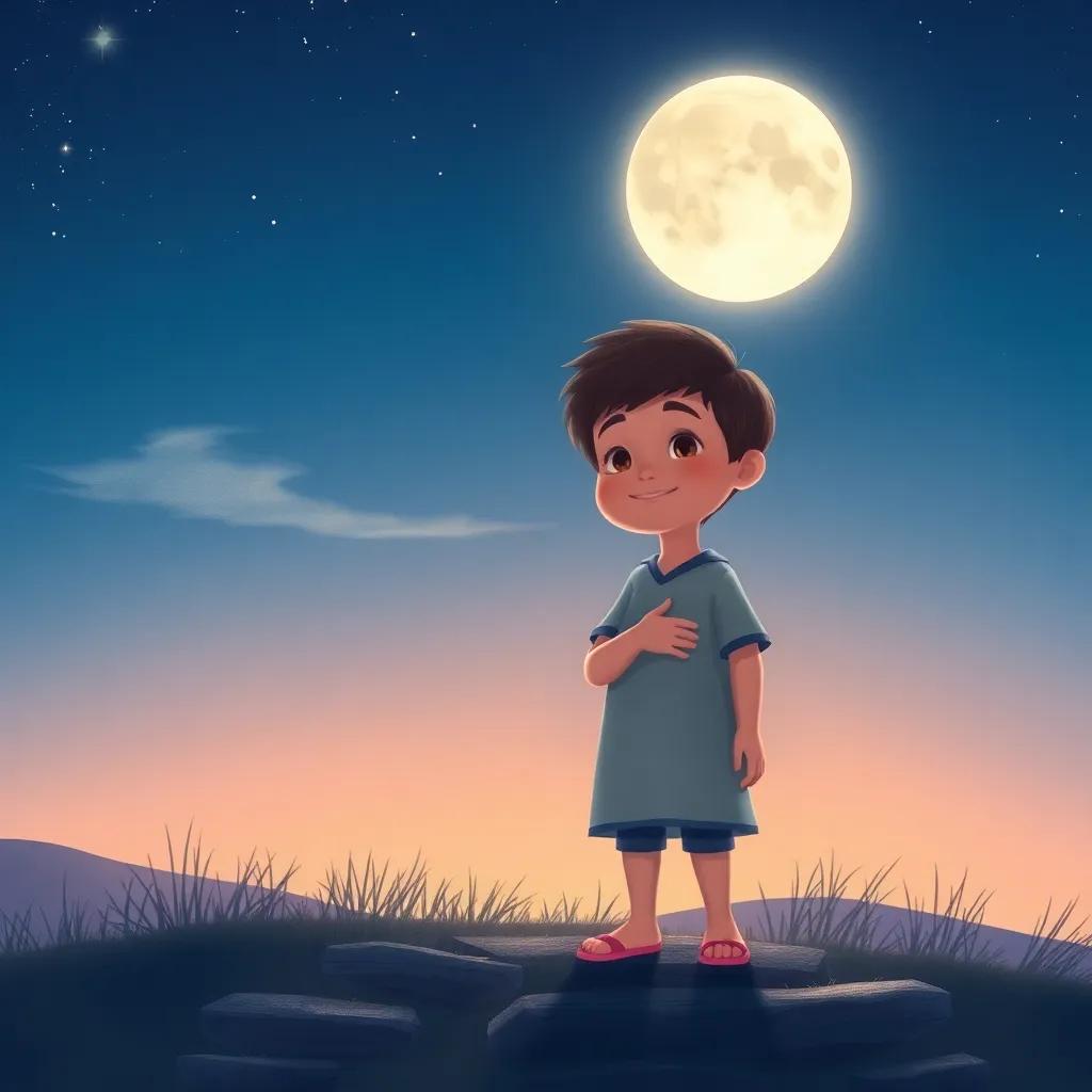 Luno standing under the silver moon, smiling and realizing the magic of dreams, peaceful scene, soft colors, heartwarming illustration, high quality