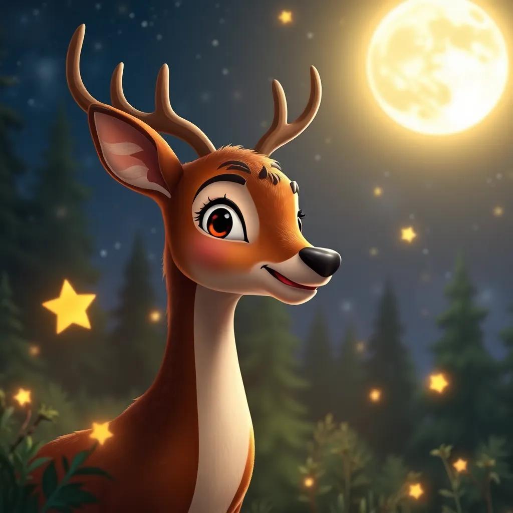 Luno, the deer, looking thoughtful and happy, surrounded by twinkling stars and the glowing moon, a magical night in the forest, warm colors, inviting art, high quality