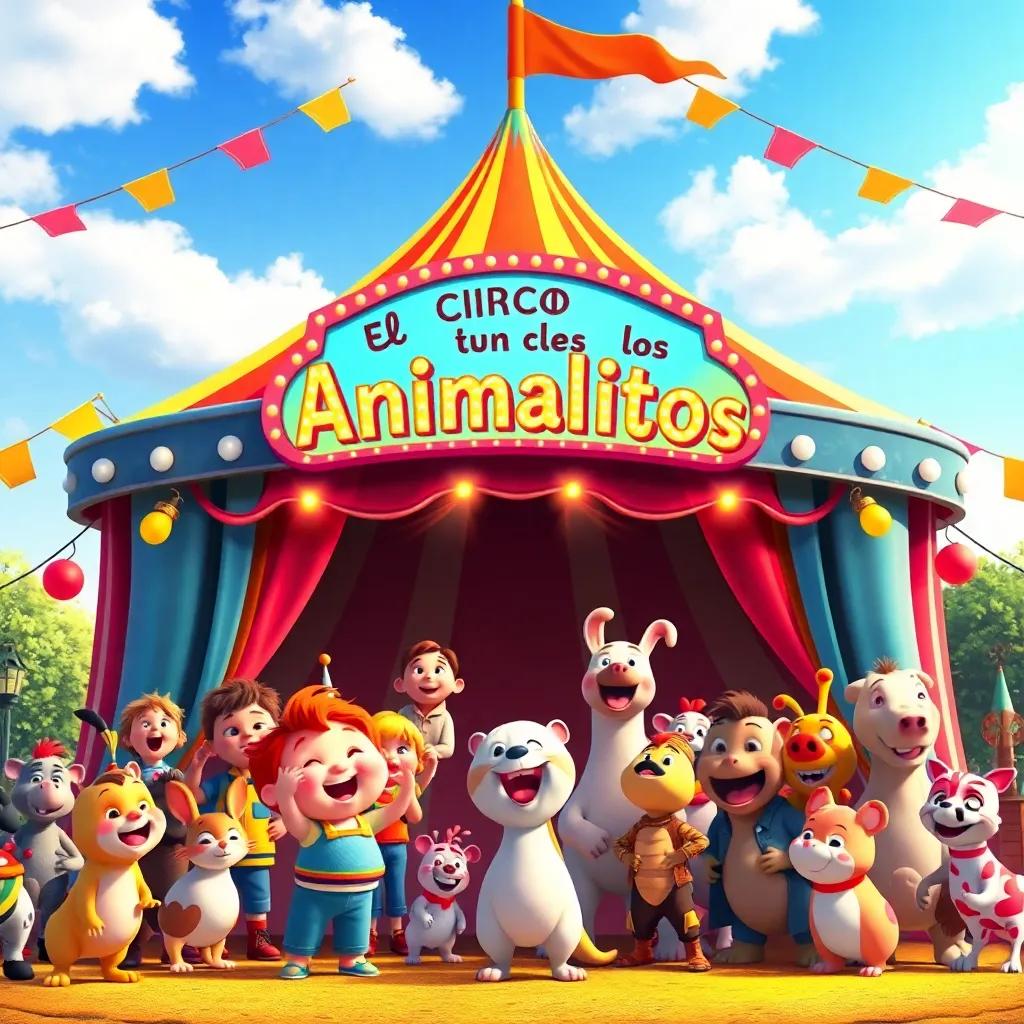 A colorful circus tent with a big sign reading 'El Circo de los Animalitos', surrounded by excited children and joyful animals, bright colors, cheerful atmosphere, vibrant and inviting mood