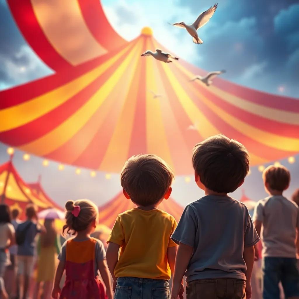 Un colorido circo con una gran carpa roja y amarilla, niños maravillados mirando hacia el cielo donde elefantes vuelan, digital art, vibrantes colores, atmósfera mágica, imagen animada, alta calidad