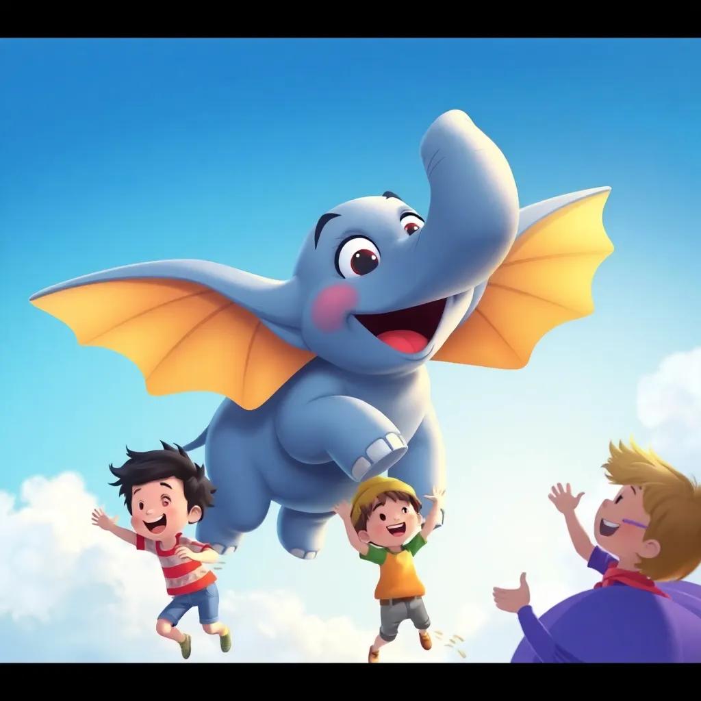 Un elefante volador con orejas grandes y alegres, surcando el cielo azul, niños aplaudiendo y gritando de alegría, ilustración, estilo infantil, colores brillantes, divertido