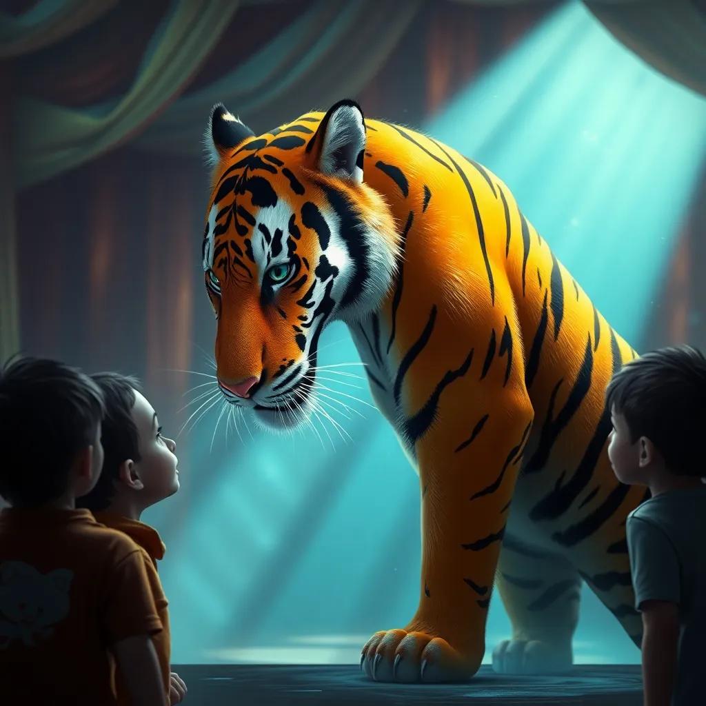 Un tigre que esconde su cuerpo convirtiéndose en invisible, con un fondo de carpa de circo, niños mirando con curiosidad, digital painting, interacción mágica, entusiasta