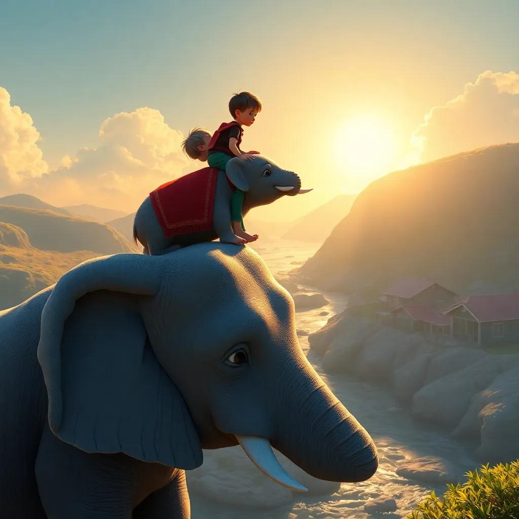 Niños montando sobre el elefante volador, mirando hacia abajo con asombro, las casas pequeñas sonriendo, el río brillando bajo el sol, digital art, perspectiva alegre, iluminada