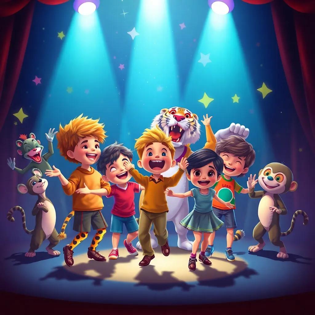 Un grupo de niños riendo y bailando, rodeados de animales mágicos, como un tigre y monos, haciendo magia en el circo, ilustración colorida, vibrante, unión de alegría