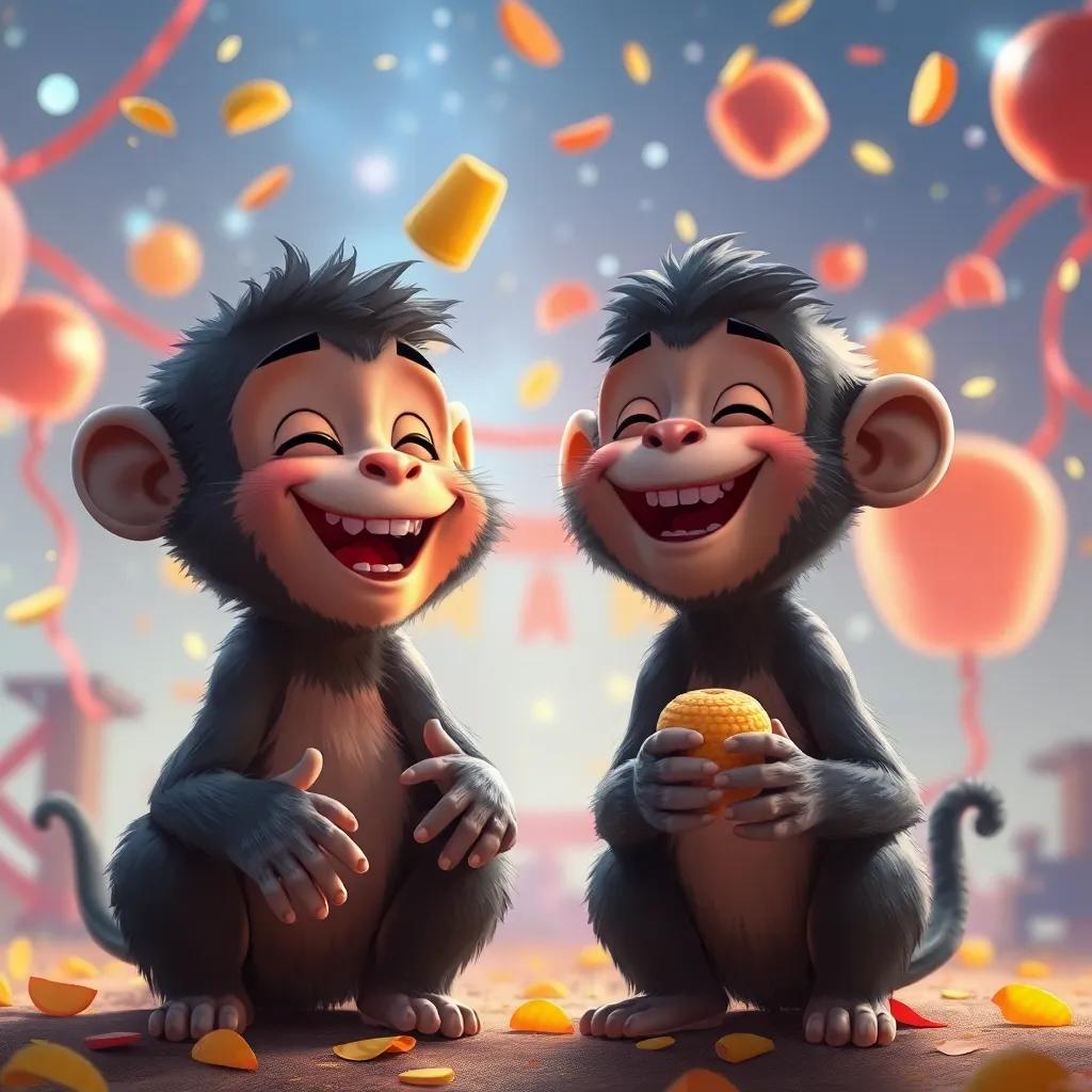 Los monos lanzando confeti en el aire, los niños llenos de risa, un fondo de carpa mágica, atmósfera de celebración, digital painting, alegre, lleno de vida