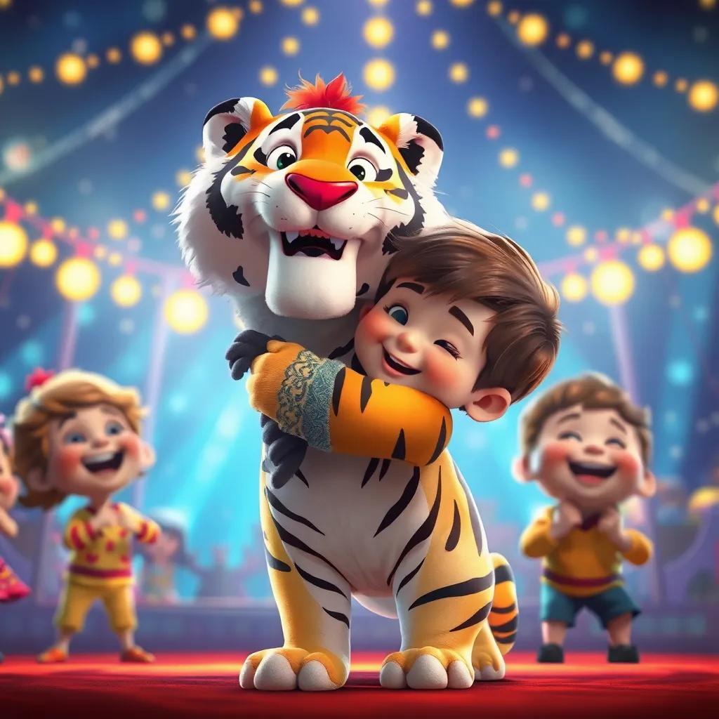 Un niño abrazando a un tigre convertido en un muñeco de peluche, mientras otros niños ríen, fondo de circo lleno de luces, adorable, brillante y festivo