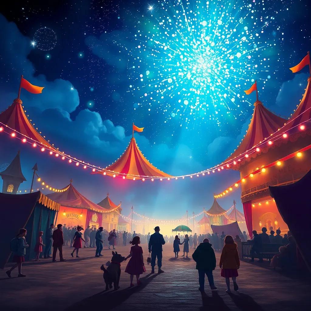 El circo alejándose con una gran explosión de luces y colores, el pueblo despidiendo a los mágicos animales, el cielo estrellado, ilustración mágica, nostálgica, luminosa