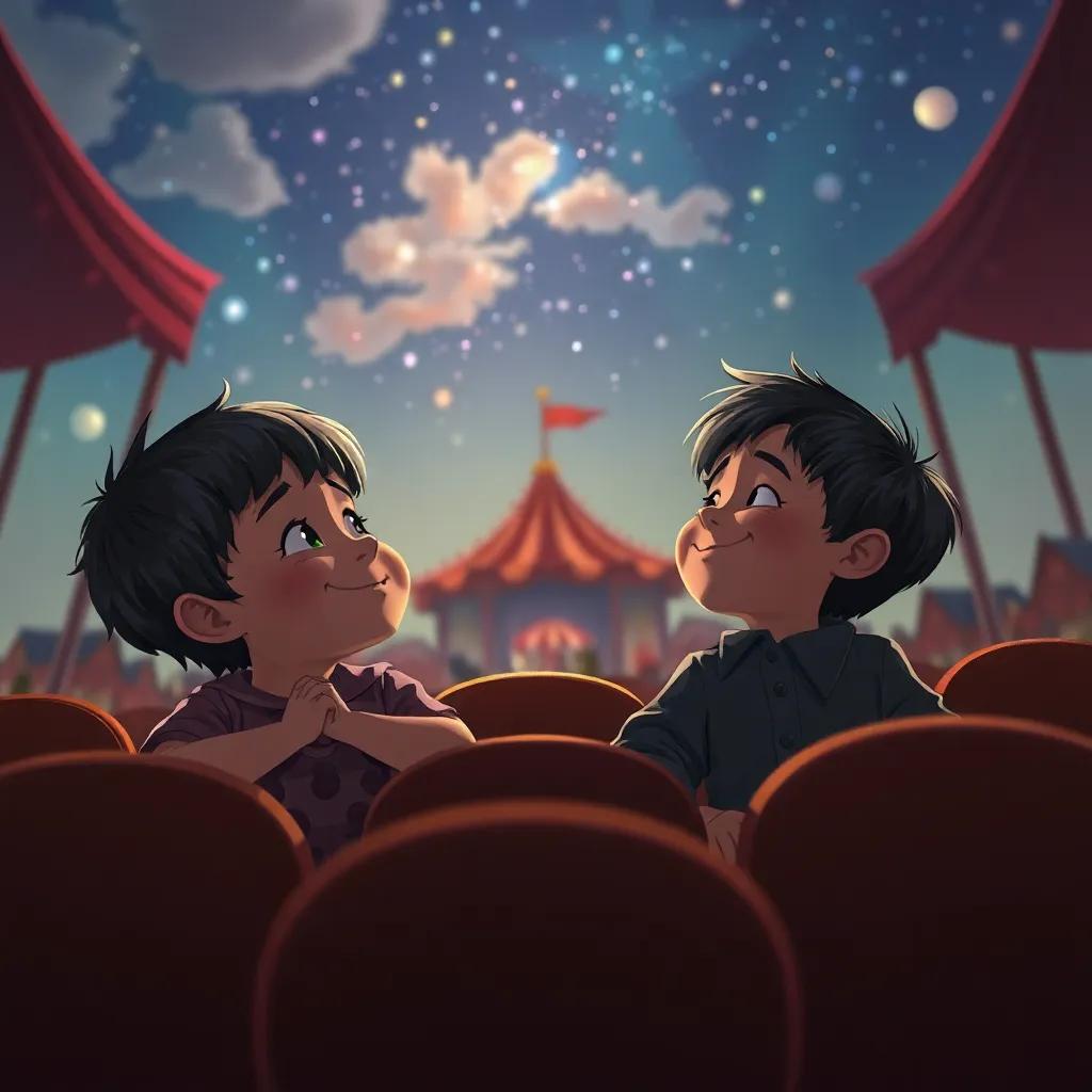 Niños sumidos en los recuerdos del circo, con sonrisas en sus rostros mientras miran el cielo, donde quedan los ecos de la risa, digital art, pintura nostálgica, alegre