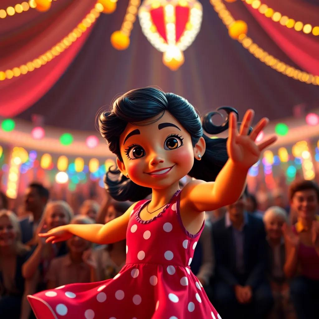 A close-up of Sofia, an Latina girl, dancing and spinning in front of an audience, with colorful circus lights shining, joyful expressions from the crowd, dynamic movement, digital art, cheerful, magical, vibrant