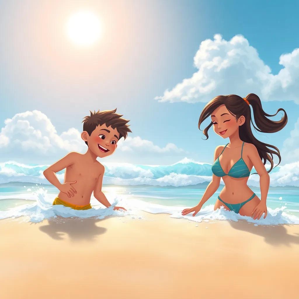 Dos hermanos, Tomás y Ana, cavando en la playa de arena dorada, con olas suaves y un sol brillante overhead, digital art, vibrant colors, cheerful atmosphere, high quality