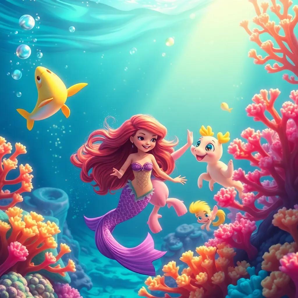 Un reino submarino colorido, con sirenas nadando felices y caballitos de mar que danzan, rodeado de corales brillantes, digital painting, bright colors, enchanting scene, high quality