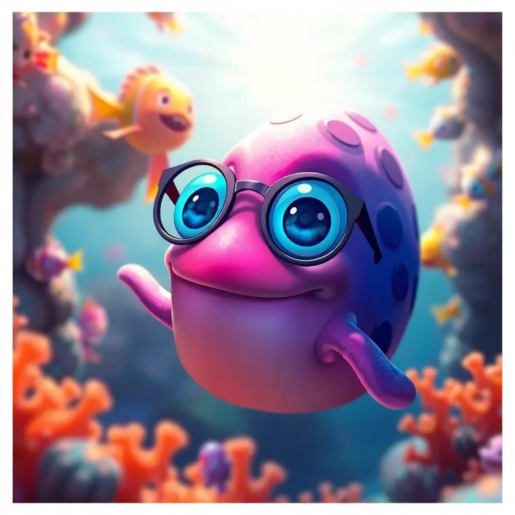 Un pulpo sabio, Octavio, con gafas pequeñas y una sonrisa, nadando entre corales, rodeado de peces coloridos, detailed digital art, friendly expression, warm light, uplifting