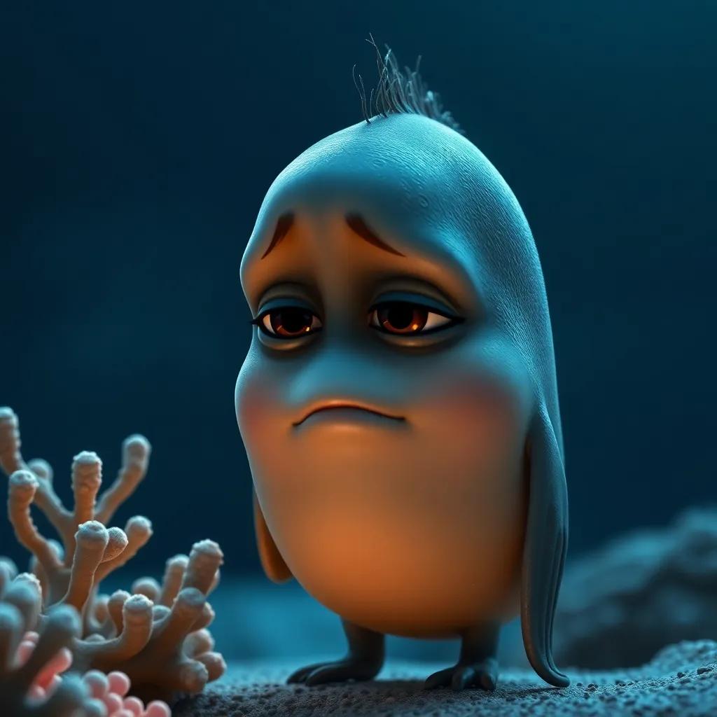 Un pez triste con la piel oscura, al lado de un grupo de corales, con una expresión melancólica, digital art, soft colors, emotional scene, high quality