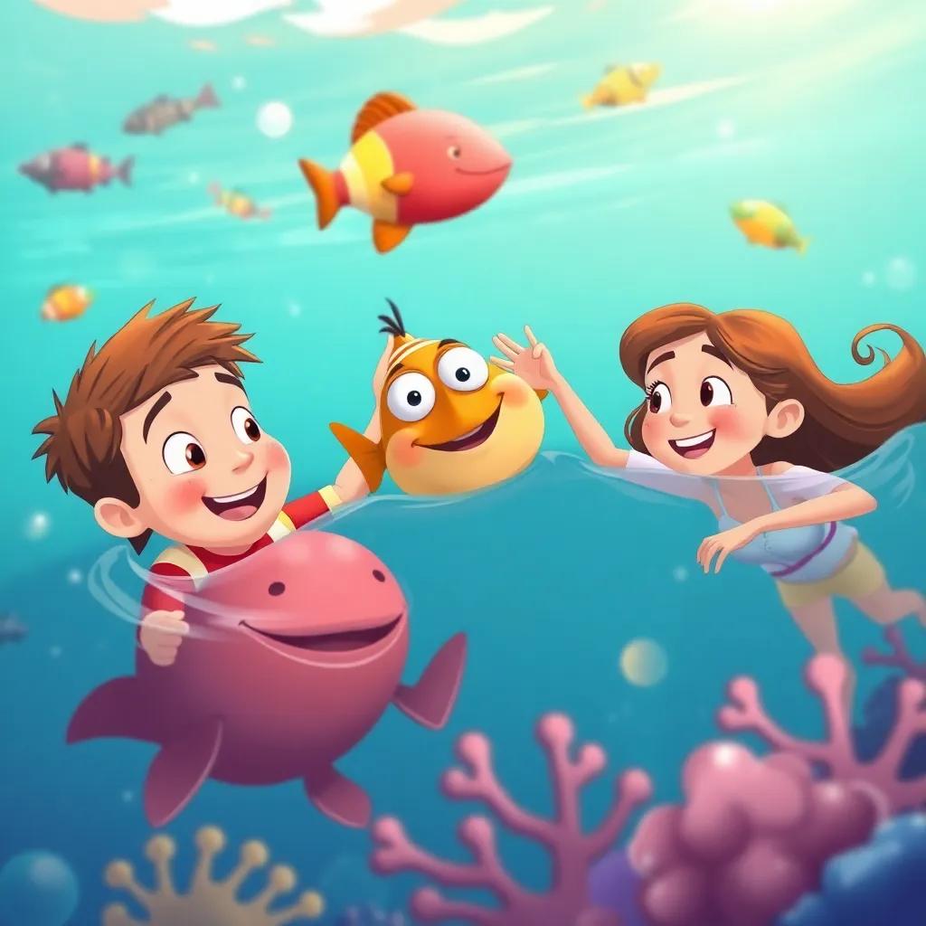 Tomás y Ana nadando con el pez triste, jugando juntos, con una atmósfera de alegría y diversión, surrounded by vibrant colors and sea life, illustration, joyful scene, high quality