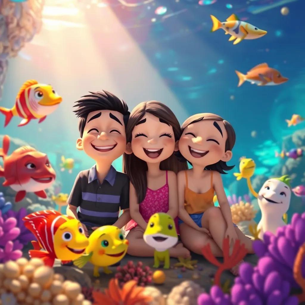 Tomás, Ana y Octavio sonriendo, rodeados de amigos del océano y colores brillantes regresando, in a beautiful underwater landscape, illustration, happy group, colorful scene, high quality