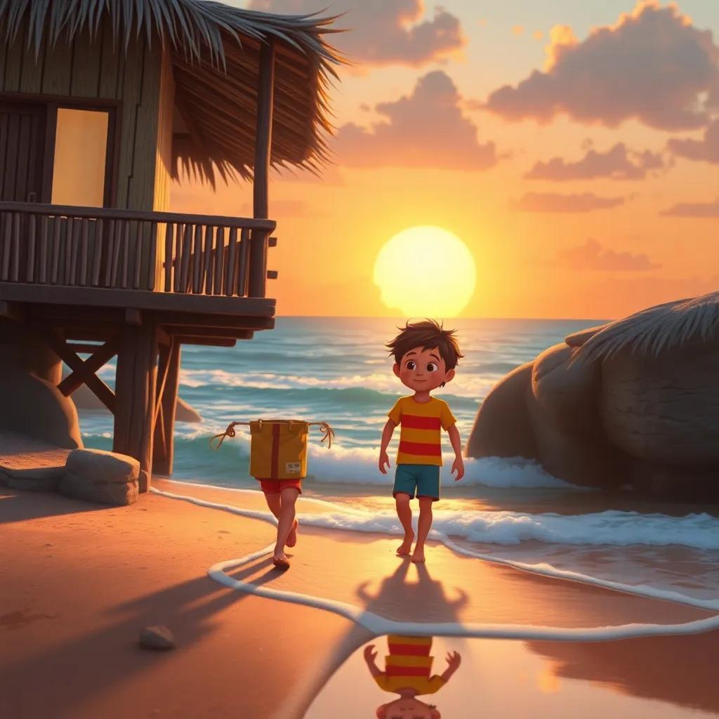 Los hermanos regresando a casa desde la playa con sonrisas, el sol poniéndose detrás, y el cofre mágico brillando, digital art, warm colors, nostalgic atmosphere, high quality