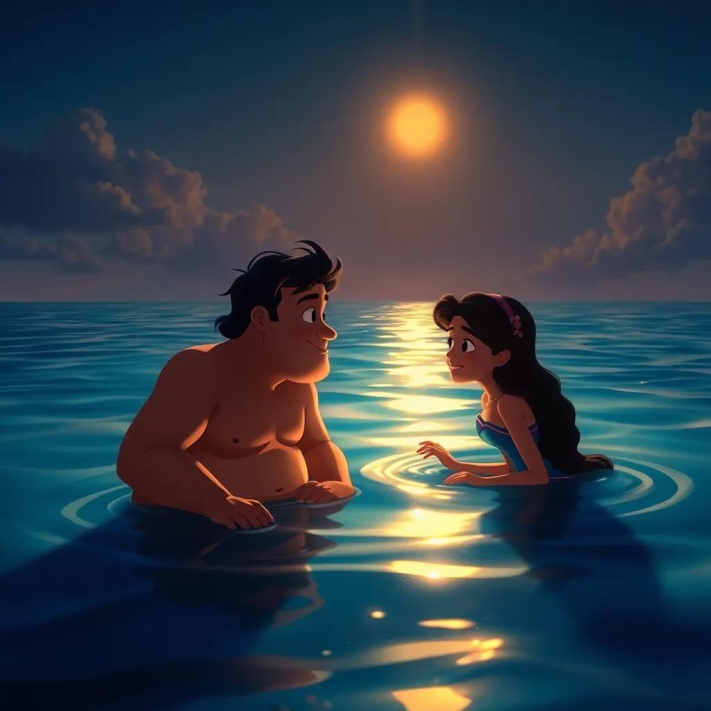 Octavio despidiéndose de Tomás y Ana en el fondo del océano, donde la luz del sol penetra el agua, digital painting, peaceful scene, warm colors, high quality