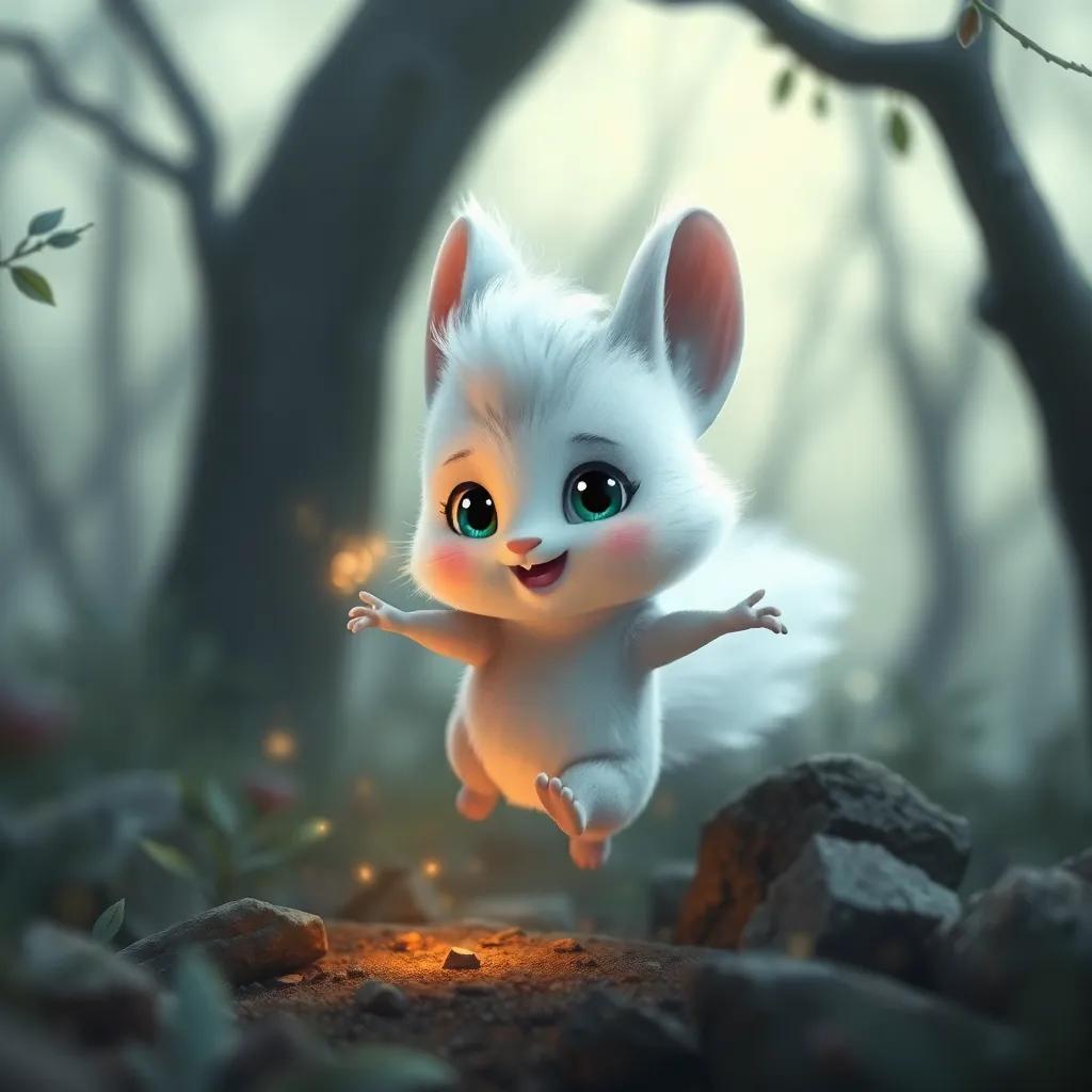 Un pequeño conejito llamado Pipo, un conejito curioso, con pelaje blanco y ojos brillantes, saltando en un bosque gris, buscando algo mágico, digital art, soft colors, lively atmosphere, high quality