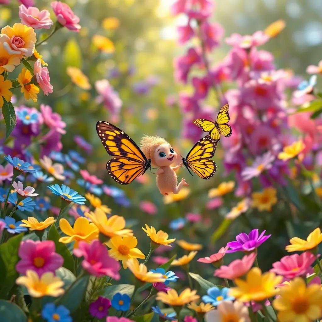 Pipo salta en un jardín mágico lleno de flores de colores: rosa, azul, amarillo y morado, con una mariposa llamada Lila, digital art, vibrant colors, playful mood, high quality