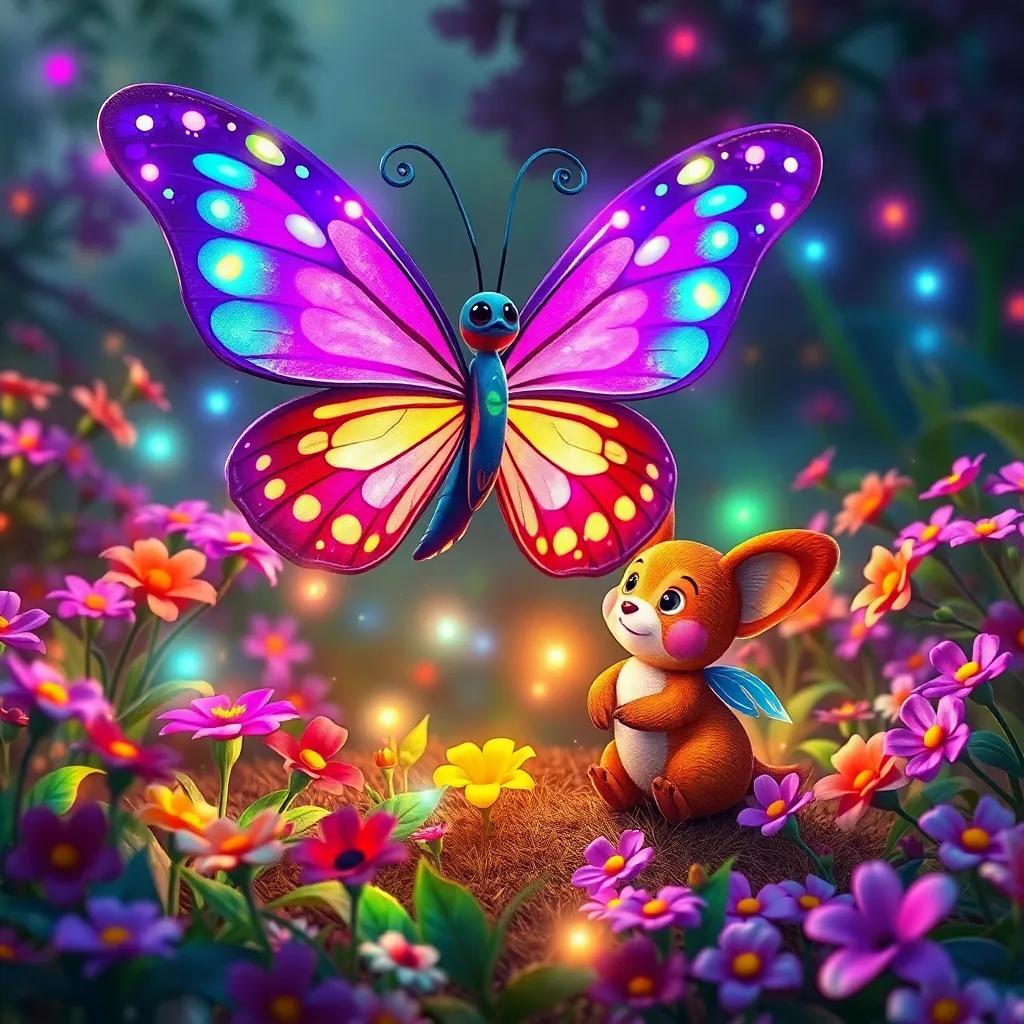 Una mariposa llamada Lila, con alas brillantes de colores, sonriendo a Pipo, el conejito, en el jardín mágico, rodeado de flores, digital art, cheerful, colorful lights, high quality