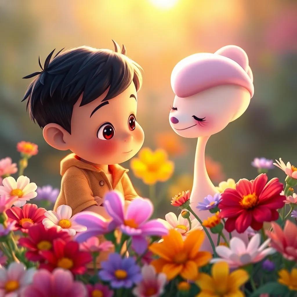 Pipo observando diferentes flores mientras Lila le explica la belleza de ser único, rodeado de flores de diversos colores, digital art, warm colors, friendly atmosphere, high quality