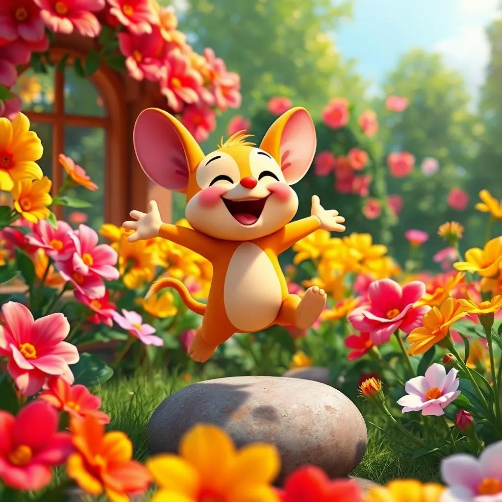 Pipo disfrutando de saltar y jugar en el jardín mágico, rodeado de flores que lo inspiran, digital art, joyful, bright colors, happy scene, high quality