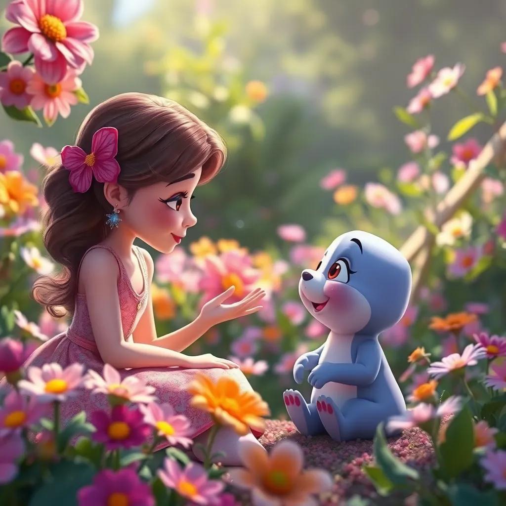 Lila diciéndole a Pipo que necesita amor y cuidado, en el hermoso jardín lleno de flores, digital art, touching moment, lively colors, high quality