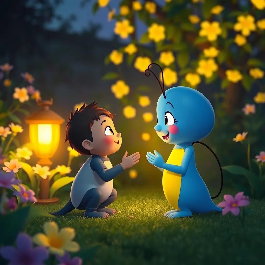 Al anochecer, Pipo agradeciendo a Lila, la mariposa, en un hermoso jardín con luces de flores, digital art, warm light, happy ending, high quality