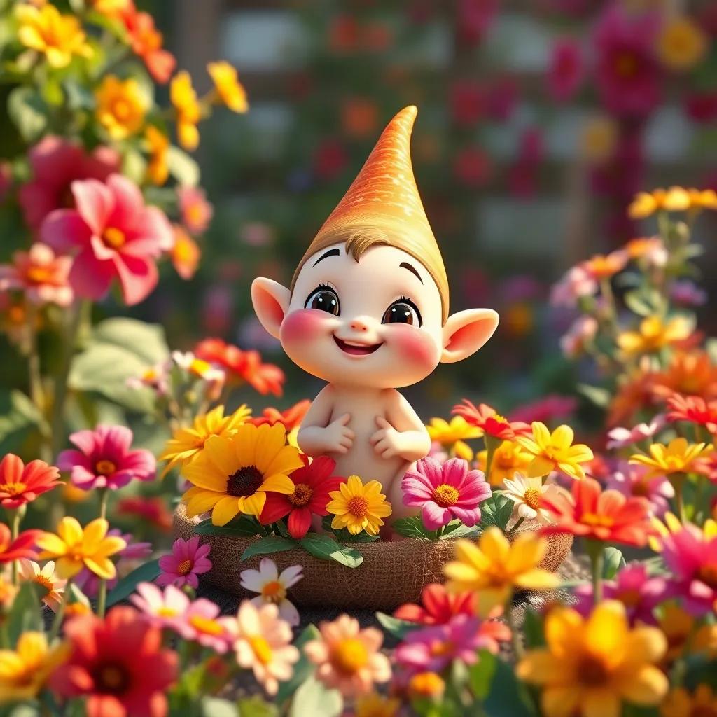 El conejito Pipo feliz, rodeado de un jardín lleno de flores, aprendiendo a florecer en su propia manera, digital art, vibrant colors, celebratory mood, high quality