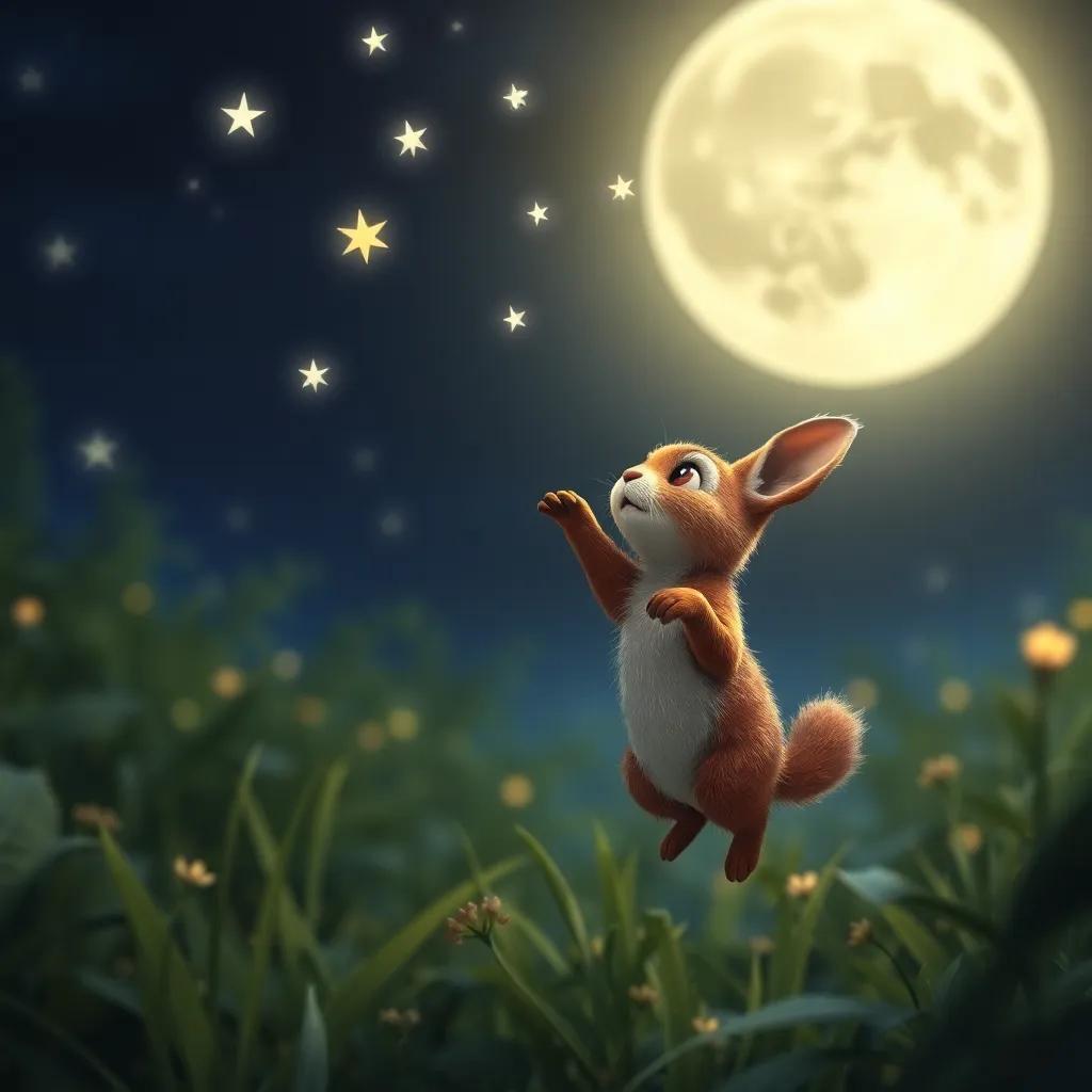 Nico, el pequeño conejo, saltando en el aire intentando alcanzar las estrellas, con una expresión de asombro, en un prado iluminado por la luna, digital art, colores suaves, mundo de ensueño, mirada inspiradora